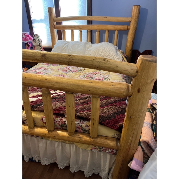  Log hand made Queen size bed with head board footboard and side rails (mattress box sprig Not Inc)