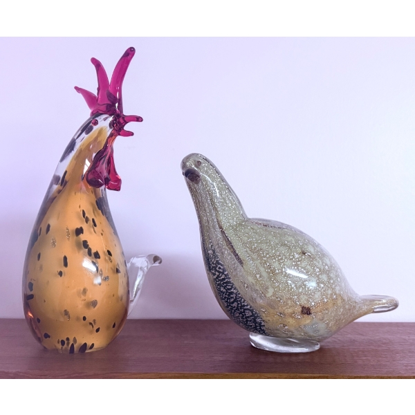 Murano Glass Rooster and Bird Figurines with Vibrant Accents