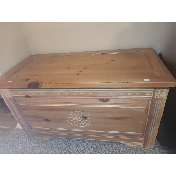 Wooden Storage Trunk w/ Carved Design 39.5 W, 19.5 D, 22 T, Contents Included