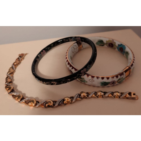 Set of Cloisonne Bangle Bracelets and Gold Plated Heart Link Bracelet