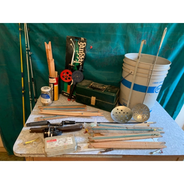  Vintage fishing lot, homemade ice fishing rods, new rods, hooks, scoops, tackle box and vintage rod