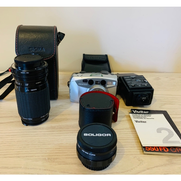 Photography Bundle Featuring Canon Lens, Pentax Espio 105S, and Vivitar Flash