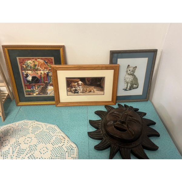 Two cross stitch cat pieces (14x11.5in) and (15x13in), vintage art piece by Jim Lamb named "little s