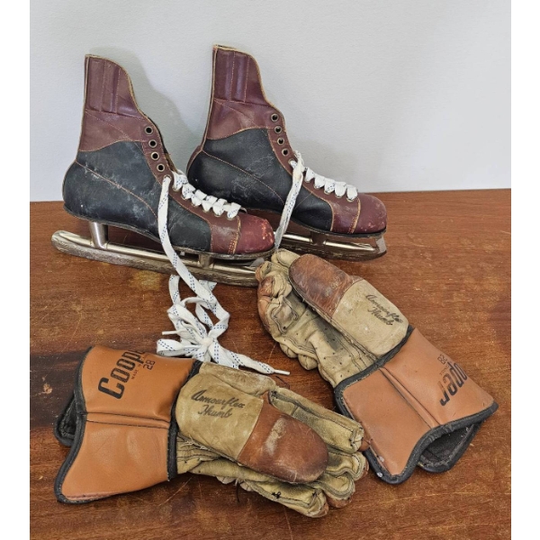 Vintage Leather Ice Hockey Skates and Cooper Gloves Set