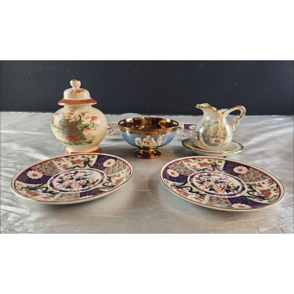 Captivating Ceramic Bundle! Imari Ware Plates, Pitcher and Plate, Jar and Copper Toned Trinket Dish
