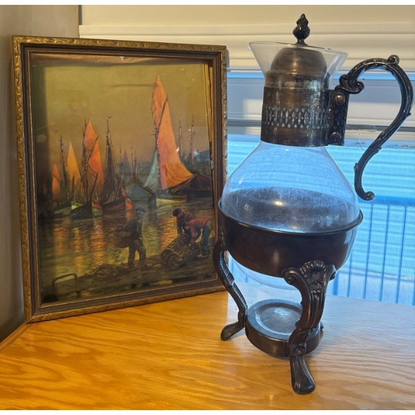 Vintage Silver Plated Glass Carafe & Lid w/ Stand 9"tall + Vintage Print 
