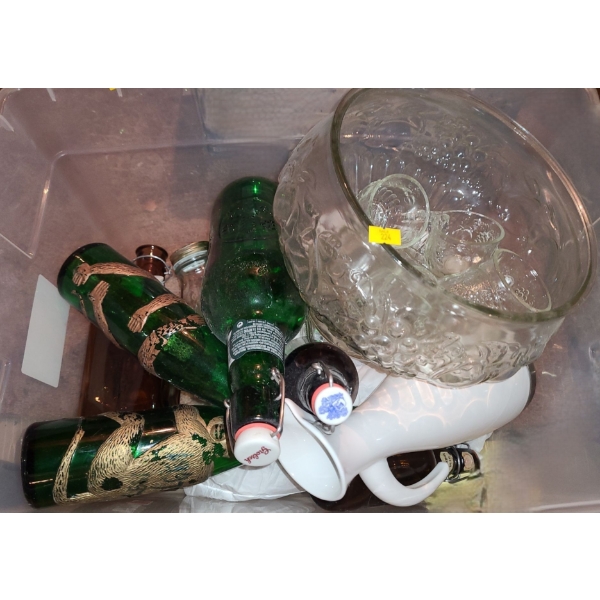 Punchbowl Set, White Pitcher 11 T, Collection of Bottles 