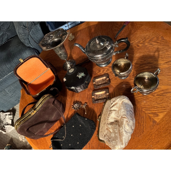Collection of vintage purses and silver plated, tea, pot, flower, vase, creamer, and sugar bowl
