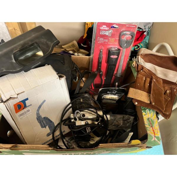 Leather tool belt, four piece, fishing combo, fillet knife, counterfeit lamp, hand press, machine, a
