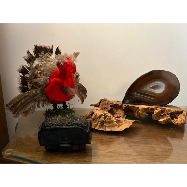 Hand carved Canadian coal with rock sculpture, and folk art bird sculpture