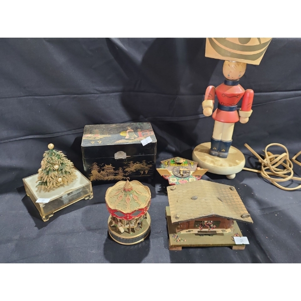 Asian Box 6 W, 4 D, 4.5 T, Clock 4.5 W, 4.5 T, Soldier Lamp 5" Base, 16 T, Other Music Boxes