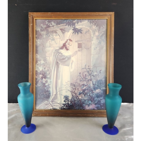 Kriebel & Bates Framed Litho Print of Jesus (17"W x 21"H)  and 2 Ombre Blue Vases