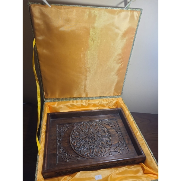 Vintage Chinese Wooden Tea Tray 13.5 X 10 w/ Fabric Covered Box 15.5 X 15 