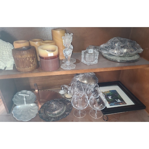 Contents of Cupboard: Plate Chargers, Glass Bowl 15" Diameter, Candles/Holders, Punch Bowl and More!