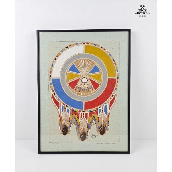 Artwork Is A Navajo-Style Sand Painting Featuring A Central Shield Motif & Hanging Feathers12''*16IN