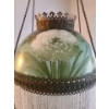 Image 2 : Gorgeous Green Floral Antique Hand Painted Coal Oil Lamp w Glass Beads & Nylon Thread 18 w,  37 t