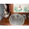 Image 4 : Pewter - Tray, Spoons, Candle Holders (Damage), Silver Colored Illegible Stamp Pot, TSG Ceramic Tray