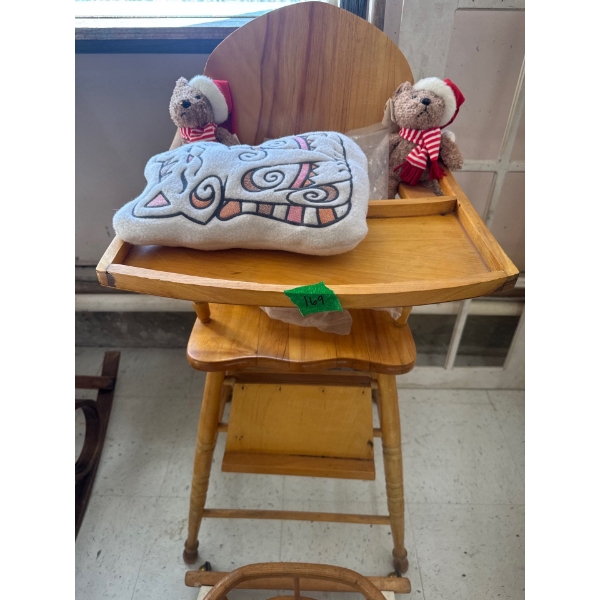 antique highchair, all wood with toys and antique wooden roller for babies