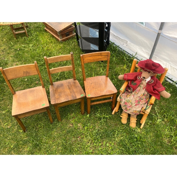 3 Kids Oak chairs L12 W33 H31 With Oak Rocking Chair and Teddy Bear 