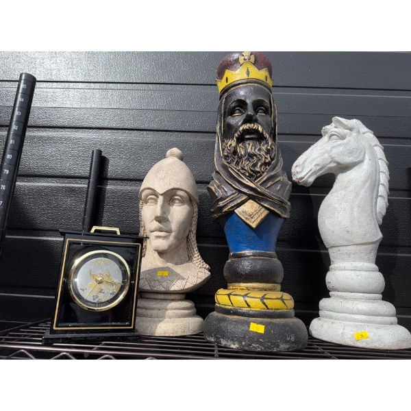 Medieval Yard Statues / Chess Pieces w/ Masculine World Clock 