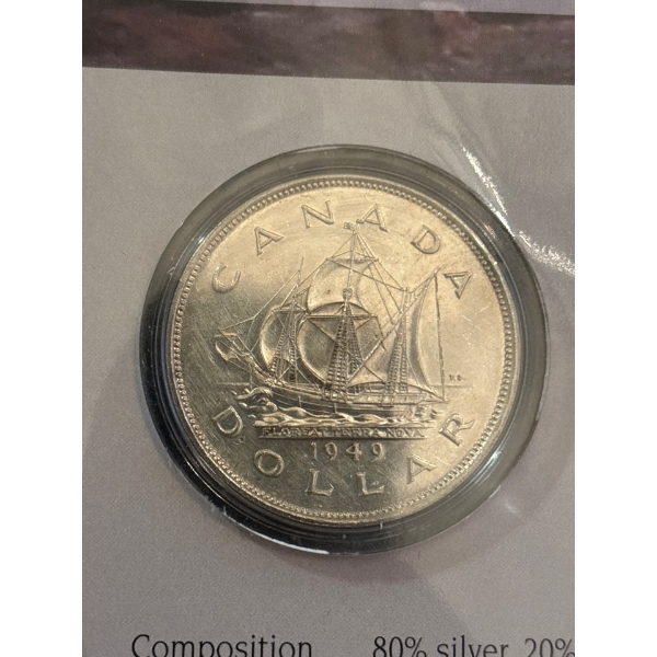 1949 Mint Condition Canadian Silver Dollar 
Mintage:
Circulation: 672,218
Alloy and composition: 80%