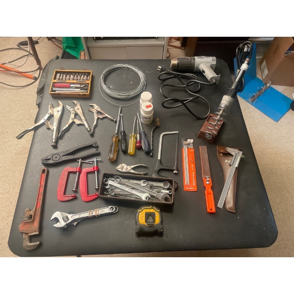Various Hnd Tools, Xacto Set, Heat Gun, Soldering Kit, Micrometer, File, Mini Hacksaw, Screwdrivers,
