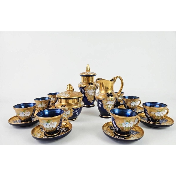 Hand-Painted Gold and Cobalt Blue Porcelain Tea Set
