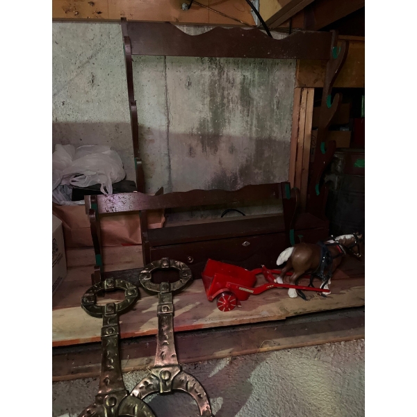  two vintage gun racks, a set of brass holders for fire place screen  and plastic horse pulling wago