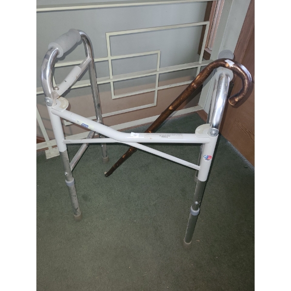 Adjustable Height Walker 20 L, 12 W and Wooden Cane  