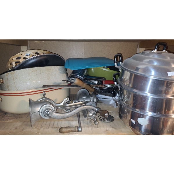 Roasting Pans, Antique Kitchen Grinders, 3 Level Stove Pot and More!