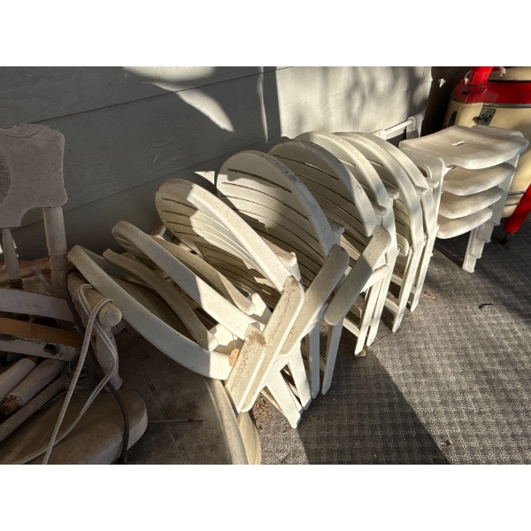 -set of eight plastic lawn chairs, and four stool/leg rest
