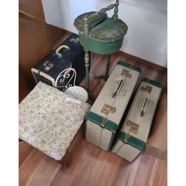 Floral Upholstered Stool 17 w 15 d, 15 h.  Vintage Hardcase Luggage & Green Wooden Sewing Stand