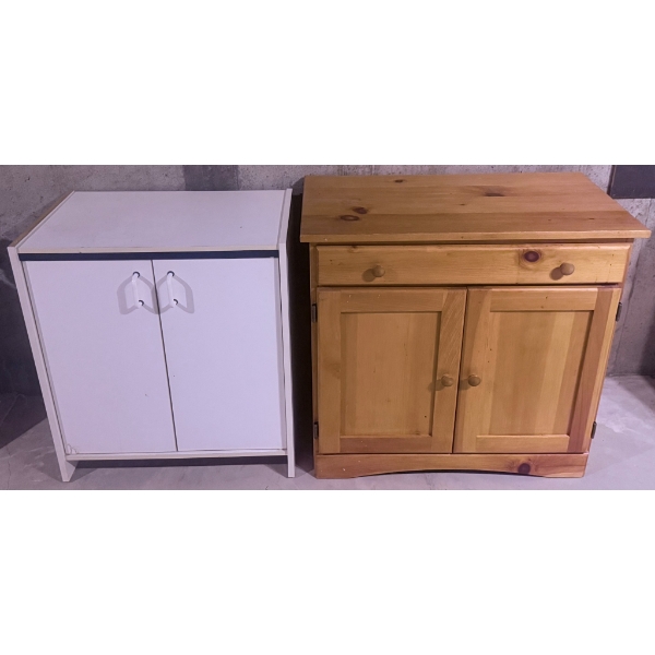 Two Storage Cabinets and Wooden Drying Rack with Plastic Bin