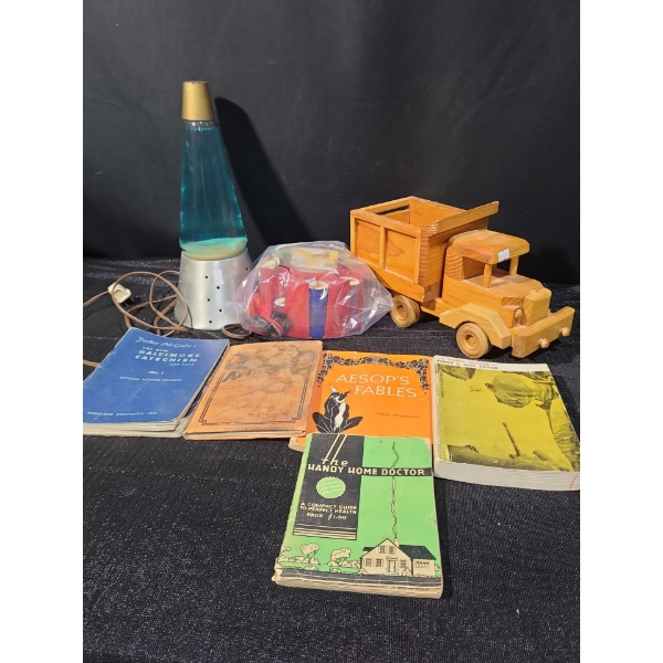 Vintage Lava Lamp 13.5 T, Poker Style Chip Holder, Wood Toy Truck 12.5, 5.5 D, 7.5 T, Vintage Reads