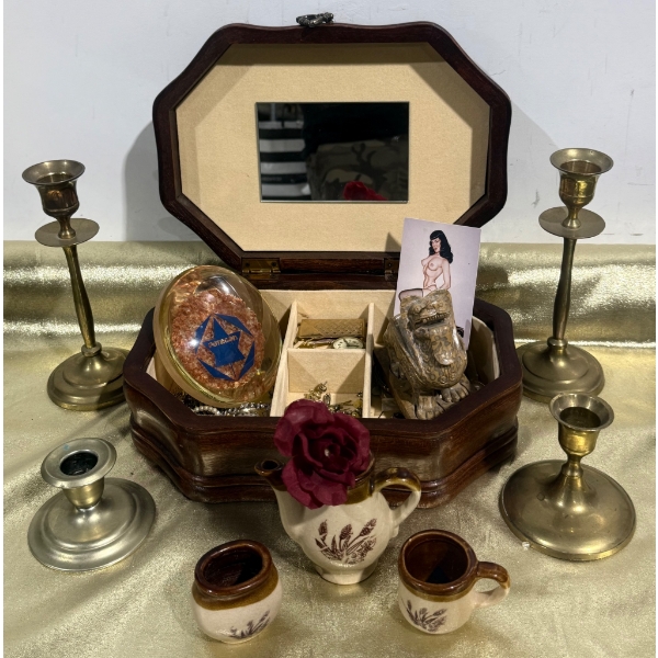 Vintage Wooden Jewelry Box with Mirror, Brass Candlesticks, Ceramics, and Decorative Items
