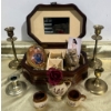 Image 1 : Vintage Wooden Jewelry Box with Mirror, Brass Candlesticks, Ceramics, and Decorative Items