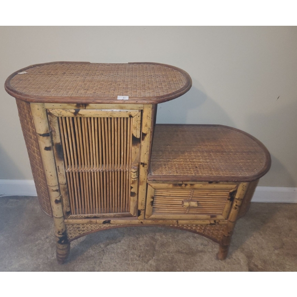 Bamboo and Woven Side Table w/ Cupboard and Drawer 24 W, 11 D, 22 T 