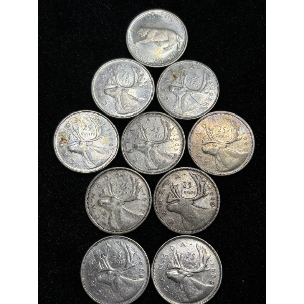 Silver Canadian Quarters x10 variety of dates .800 58.1 g