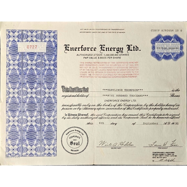 Vintage Stock Certificate (1990, Enerforce Energy Ltd.)