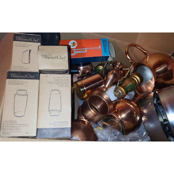 Box of Kitchenware: Pampered Chef Dripless Oil/ Vinegar Bottles, Rival Roaster and More!