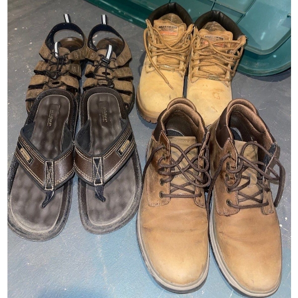 Four Pairs of Men's Footwear  Sketchers, & More   Sandals x2 Boots x2  Size 7-8