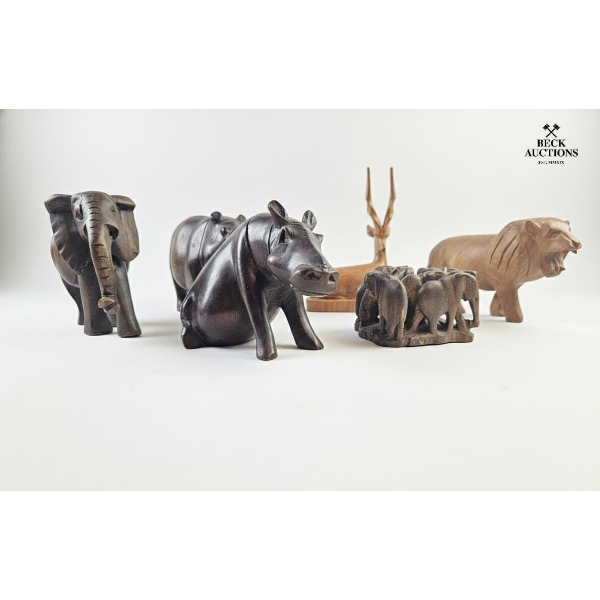  Hand-Carved Wooden Figurines Of Various African Animals.