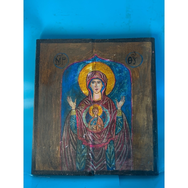 Virgin Mother Mary Painted on a Wooden Board - 11x12