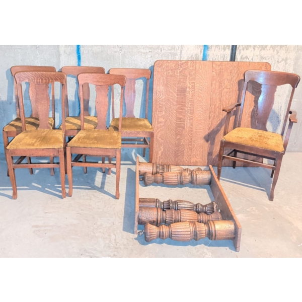 Antique Tiger Oak 10 Piece Dining Set w/ Velvet Upholstered Seating 