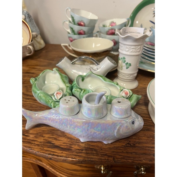 Vintage tea set in the Giengarry Thistle pattern produced by EB Foley. One large serving plate, Six 