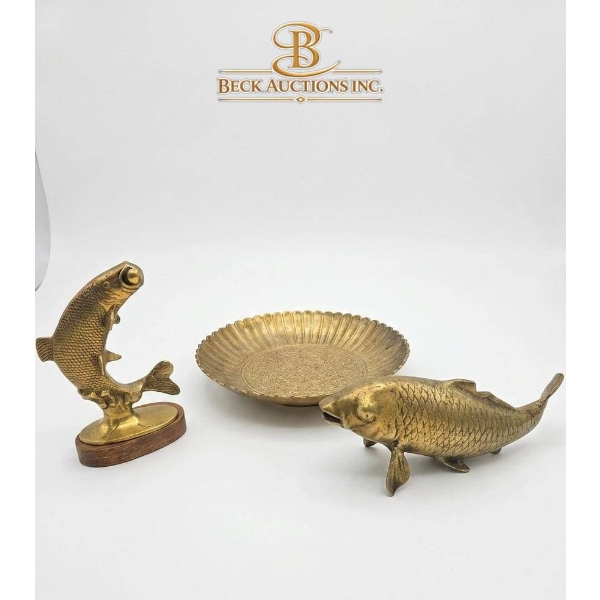 Decorative Trio Featuring Brass Fish Pair and 10-Inch Textured Plate