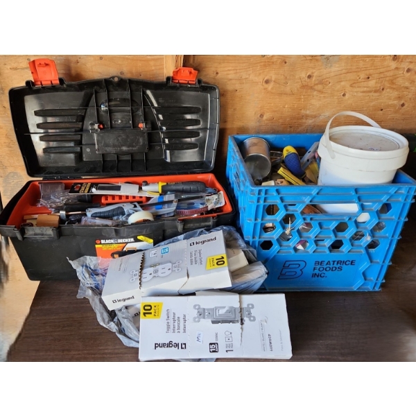 Toolbox 20 W, 9 D, 10 T and Milk Crate w/ Contents