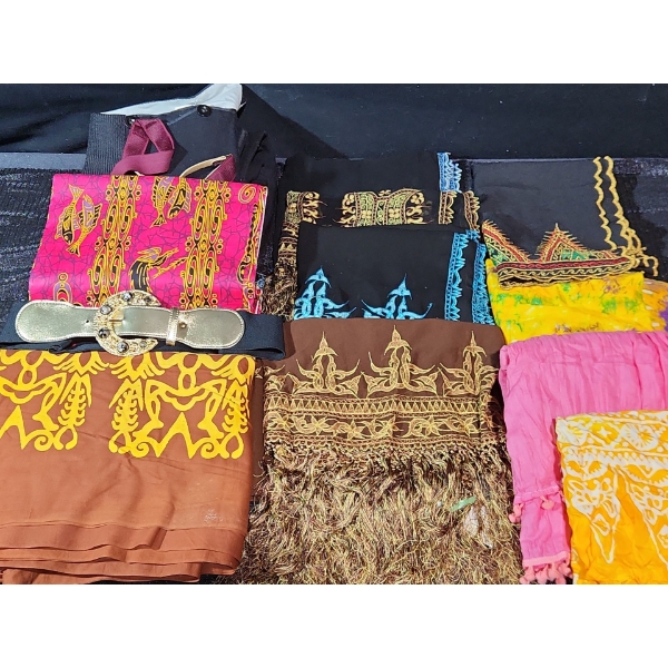 Vintage Fabrics and Scarfs with Older Pants and Suspenders, 80's Stretch Belt