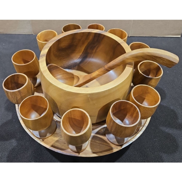 Genuine Monkey Pod Hand Crafted In The Philippines Punch Bowl 15Pc Set