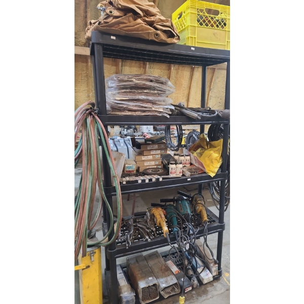  Power Tools, Grinding Disks, Clamps, Welding Rods (11) w/ Utility Shelf